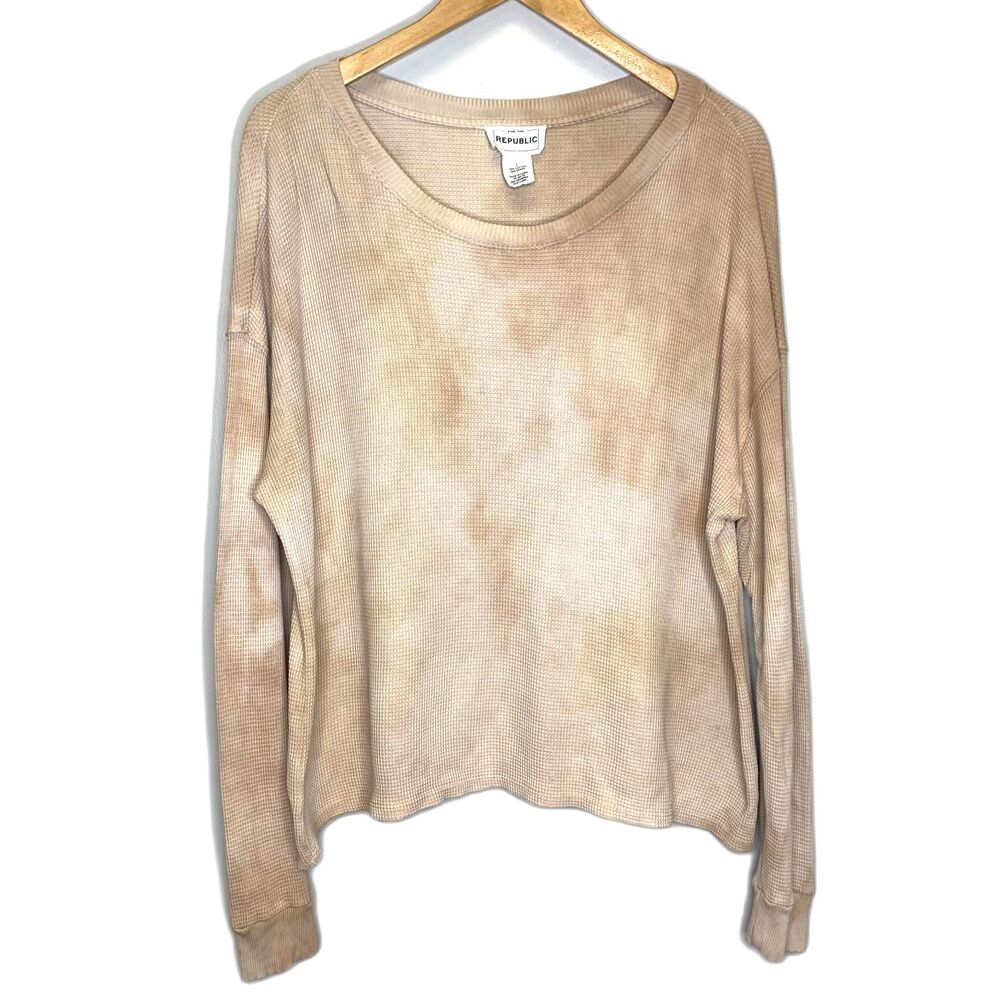For the Republic Henley Shirt Beige Cream Tie Dye Waffle Knit Cotton Modal LRG‎